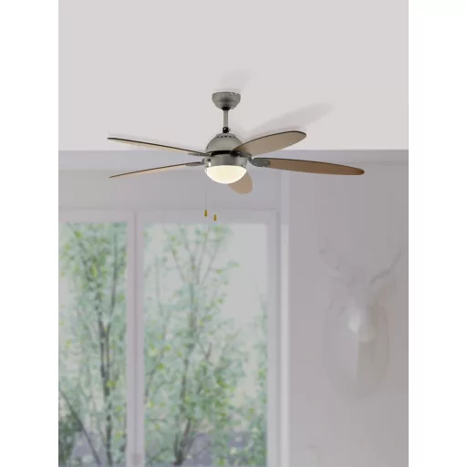 EGLO SUSALE mennyezeti ventilátoros lámpa acél matt nikkel / lakozott üveg fehér, 1320mm lapátátmérővel - húzózsinórral