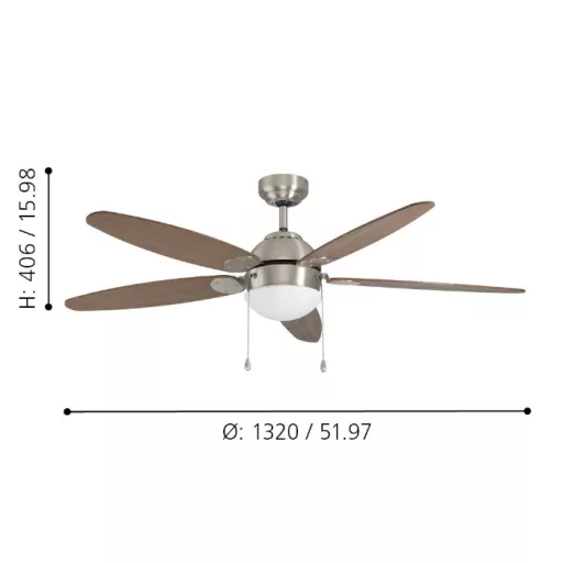 EGLO SUSALE mennyezeti ventilátoros lámpa acél matt nikkel / lakozott üveg fehér, 1320mm lapátátmérővel - húzózsinórral