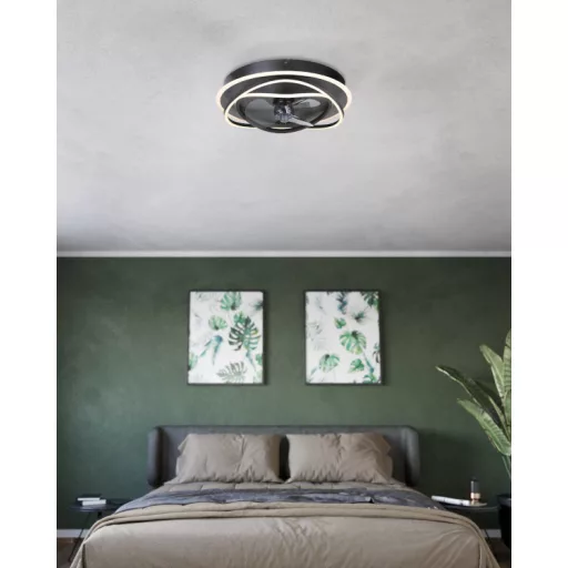 EGLO Namori lámpa ventilátorral acél fekete / akril tejfehér, 500mm lapátátmérővel - távirányítóval