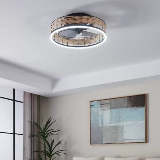 EGLO Frana lámpa ventilátorral műanyag (ABS) matt fekete / rattan natúr, 500mm lapátátmérővel - távirányítóval