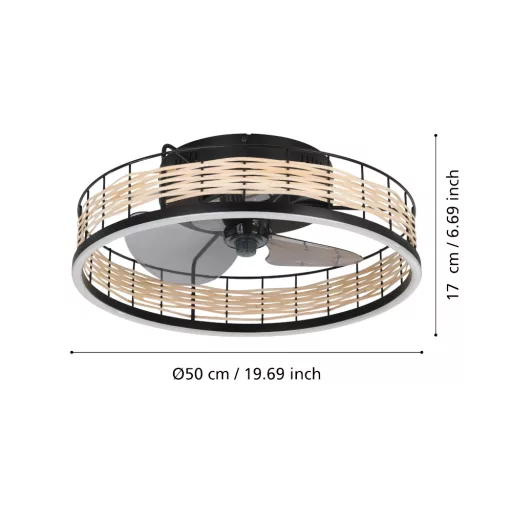EGLO Frana lámpa ventilátorral műanyag (ABS) matt fekete / rattan natúr, 500mm lapátátmérővel - távirányítóval