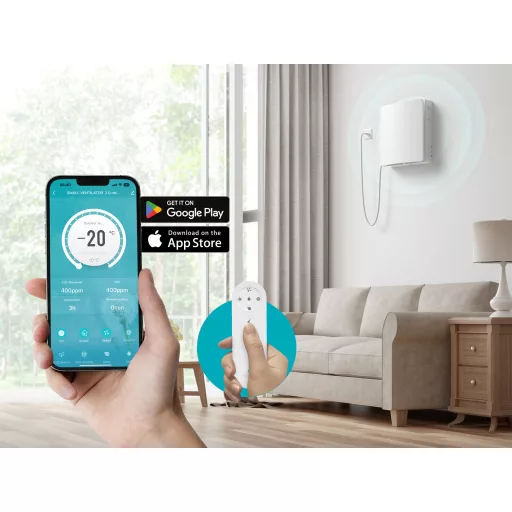 HOLTOP/AIRWOODS AV-TTW5-W egyhelyiséges hővisszanyerős szellőztető automata zsaluval, WiFi csatlakozással, páraérzékelő szenzorral, pollenszűrővel