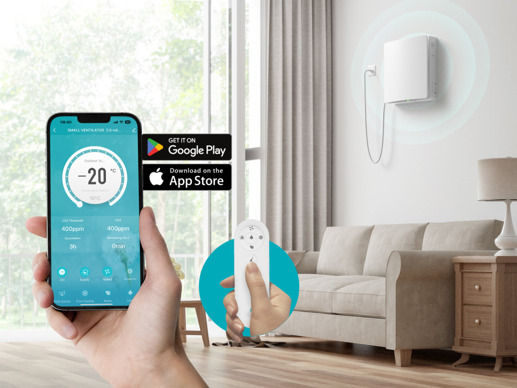 HOLTOP/AIRWOODS AV-TTW5-W SH7IE Pro ISO egyhelyiséges hővisszanyerős szellőztető (2 db), páraérzékelővel, automata zsaluval, WiFi-vel, kültéri hangcsillapító elemmel