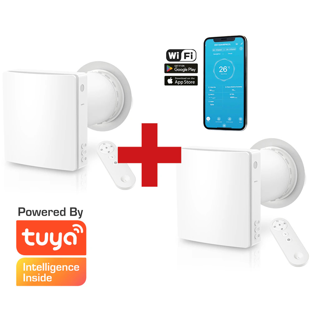 HOLTOP/AIRWOODS AV-TTW5-W SH7IE Pro ISO egyhelyiséges hővisszanyerős szellőztető (2 db), páraérzékelővel, automata zsaluval, WiFi-vel, kültéri hangcsillapító elemmel