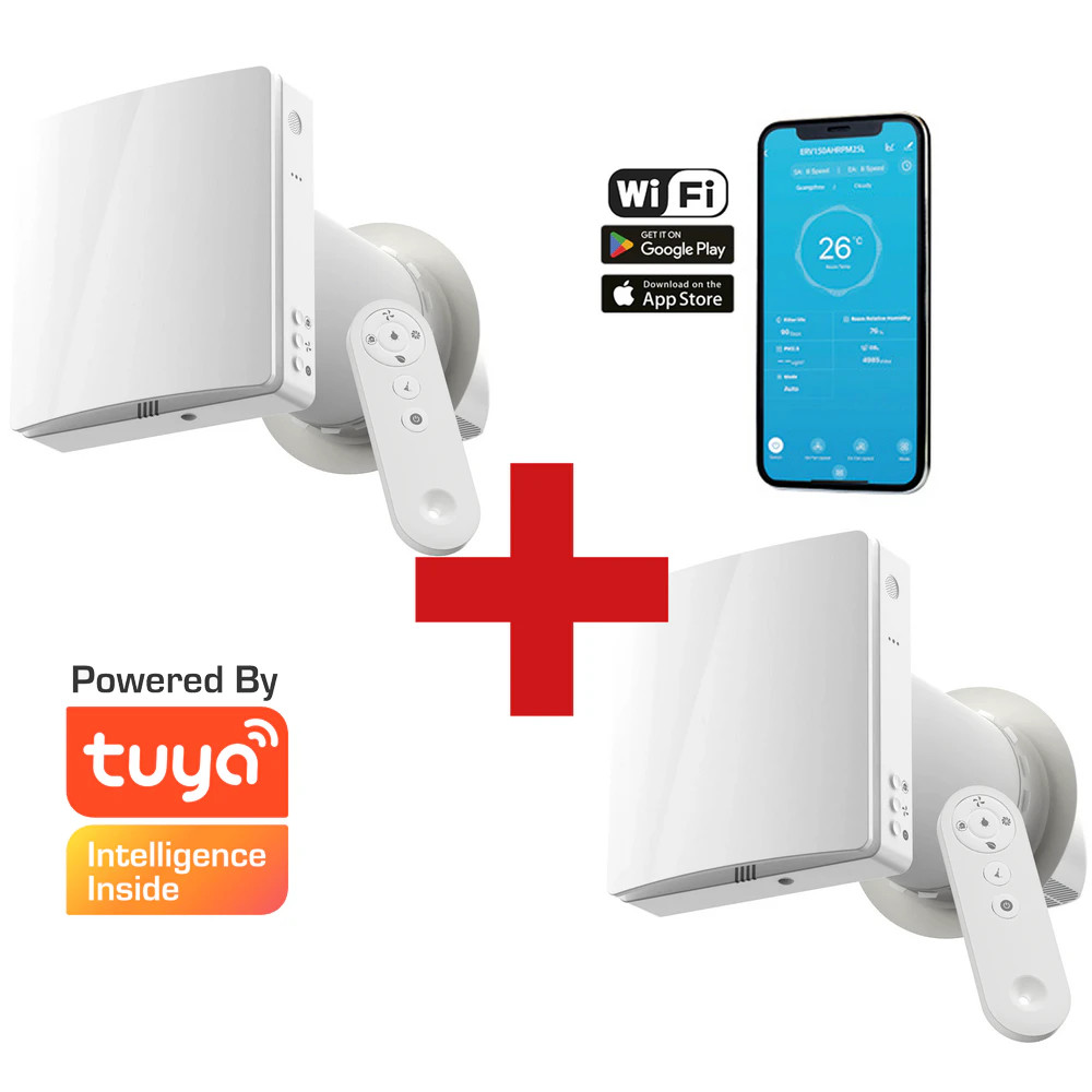 HOLTOP/AIRWOODS AV-TTW5-W egyhelyiséges hővisszanyerős szellőztető (2 db) automata zsaluval, WiFi csatlakozással, páraérzékelő szenzorral, pollenszűrővel