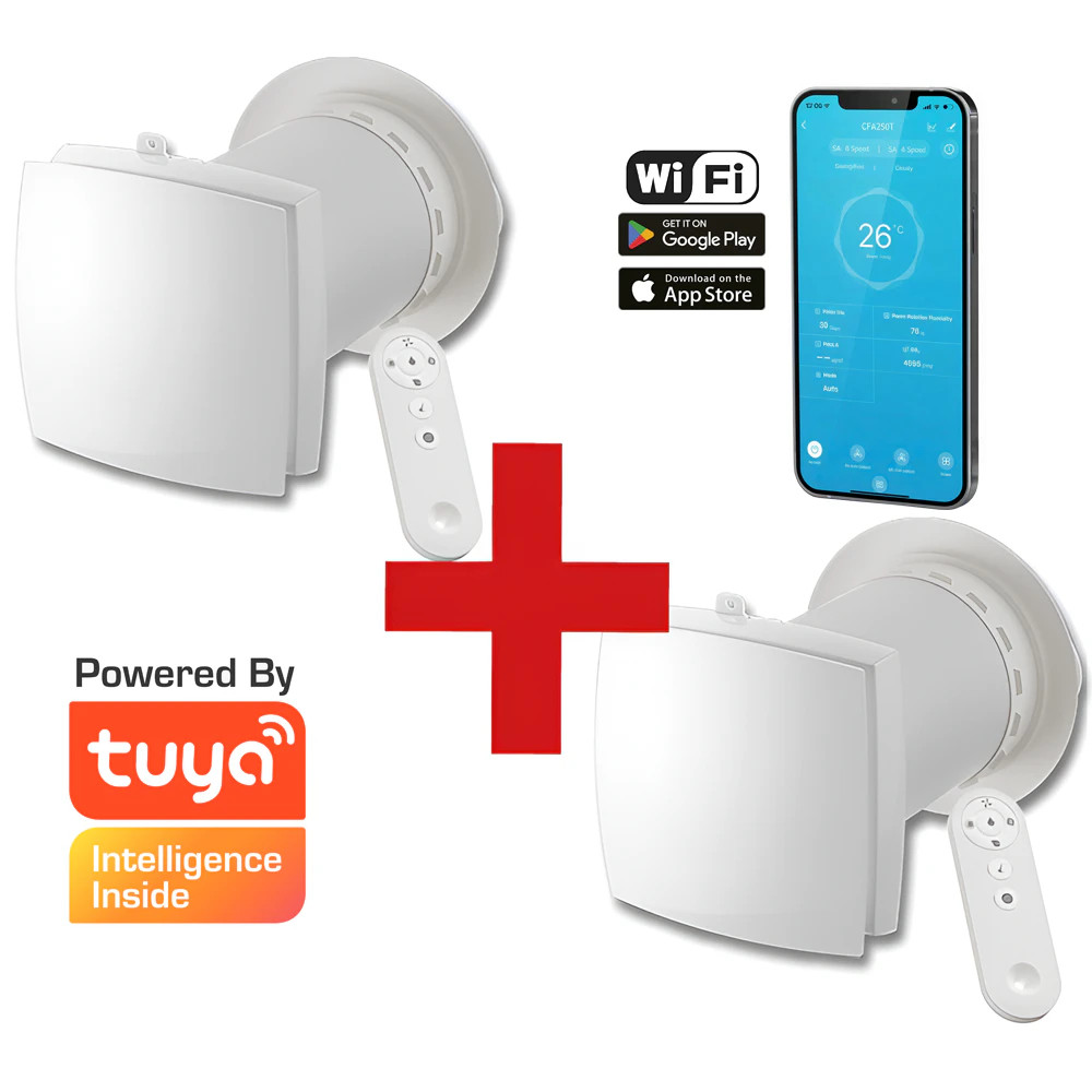 HOLTOP/AIRWOODS AV-TTW6-W egyhelyiséges hővisszanyerős szellőztető (2 db) automata zsaluval, WiFi csatlakozással